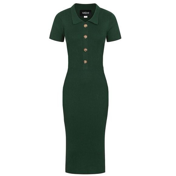 Collectif Vintage Green Ribbed Short Sleeve Knit MIDI Dress Collar, Size 2 - Picture 3 of 16
